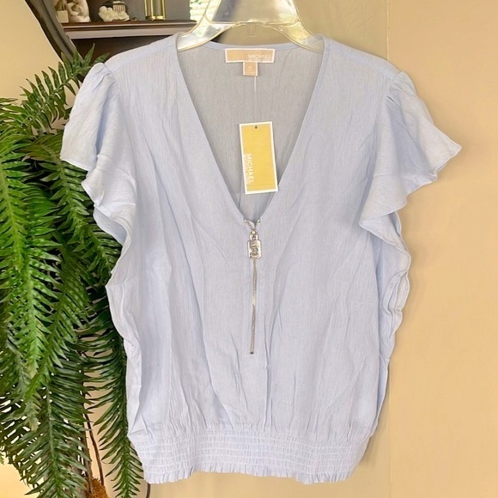 Brand New Michael Kors Light Blue Silver Tone Zipper Ruffle Top Stretch Hem